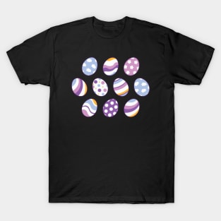 Egg Pattern | Purple Orange | Stripes Clouds Flowers Dots | Black T-Shirt